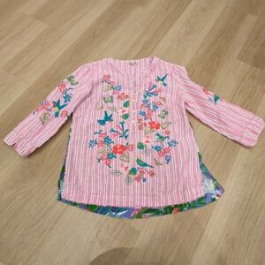 John Mark Hummingbird Embroidery Linen Blouse With Pink Stripes Size M